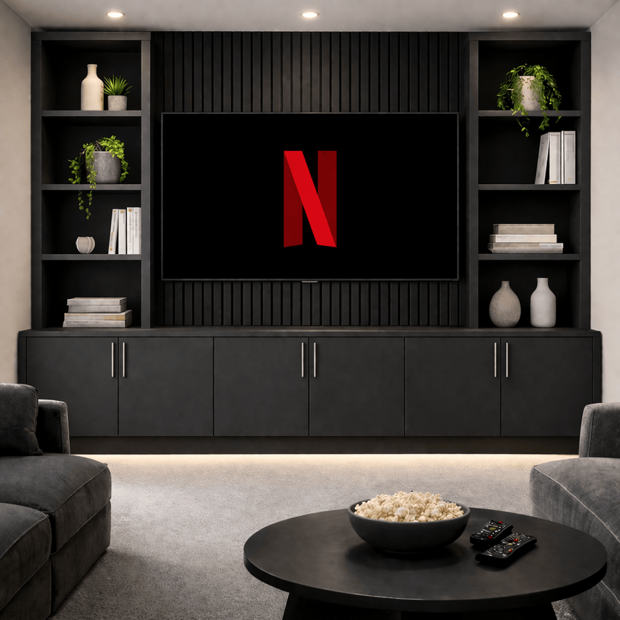 Media Wall Entertainment Smooth Door Base & Double Shelving Unit - For Up to 100" TVs 1 - Online Bedrooms