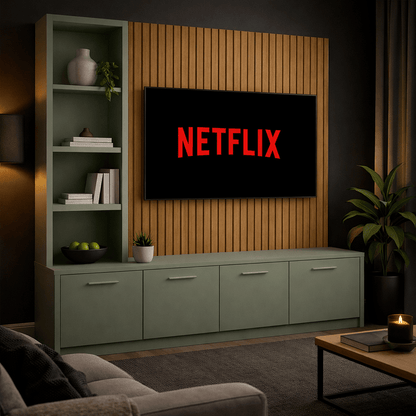 Media Wall Entertainment Smooth Door Base Unit - Left Hand Shelving - For Up to 130" TVs 6 - Online Bedrooms