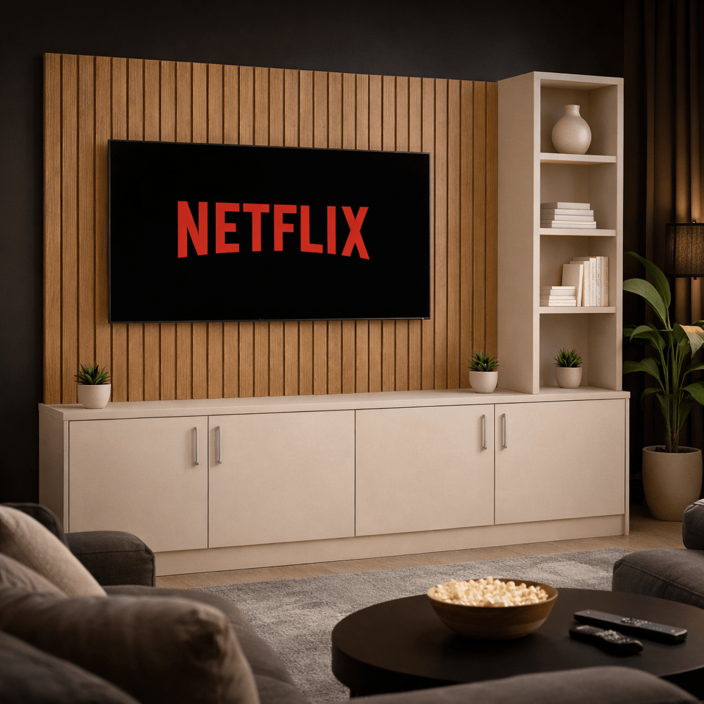 Media Wall Entertainment Smooth Door Base Unit - Right Hand Shelving - For Up to 130" TVs 7 - Online Bedrooms