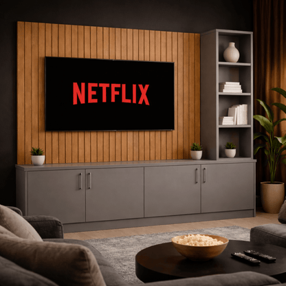 Media Wall Entertainment Smooth Door Base Unit - Right Hand Shelving - For Up to 130" TVs 3 - Online Bedrooms