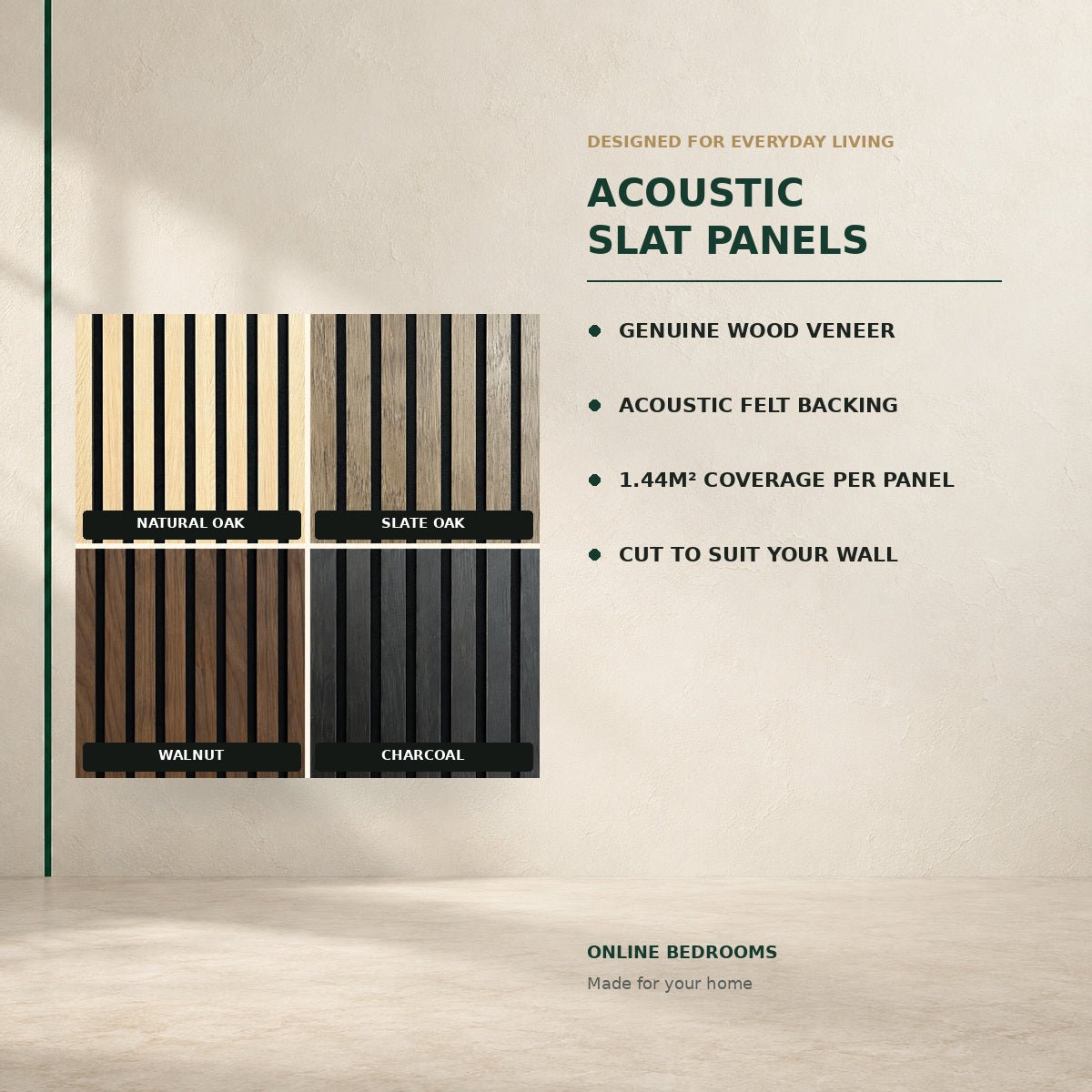 Acoustic slat wall panels in a finished room