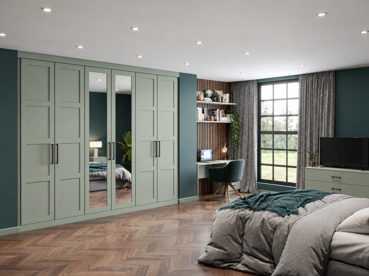Matt Sage hinged fitted wardrobes with full-height central mirror doors