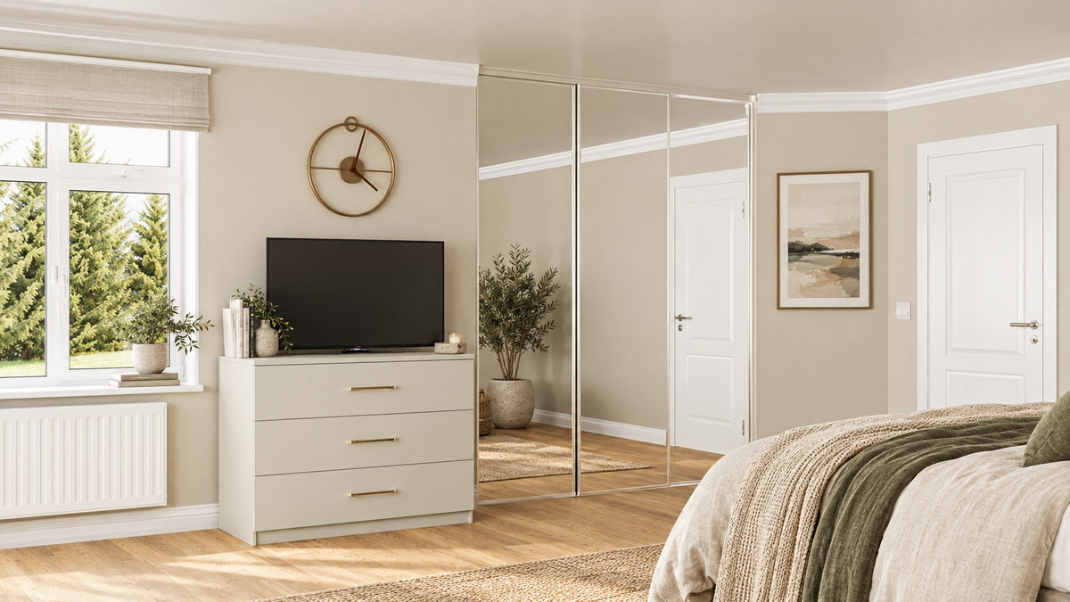 Full-height mirrored sliding wardrobe doors with a matt Mussel chest of drawers