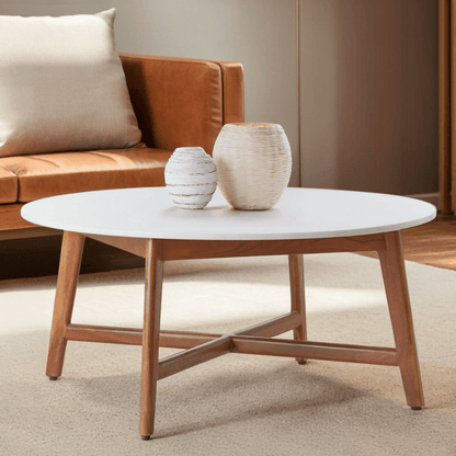 Myan Natural Acacia Wood and White Marble Round Coffee Table 1 - Online Bedrooms