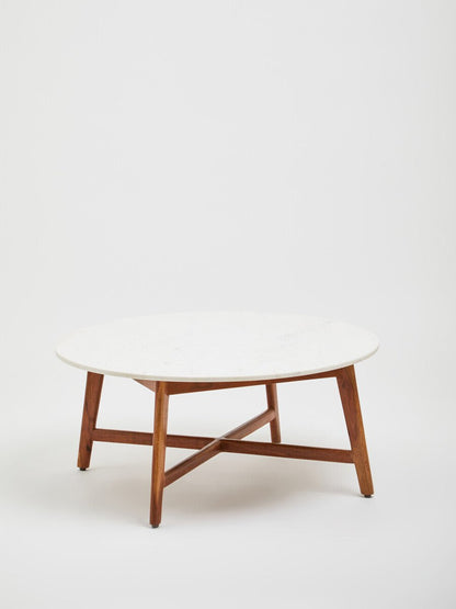 Myan Natural Acacia Wood and White Marble Round Coffee Table 5 - Online Bedrooms