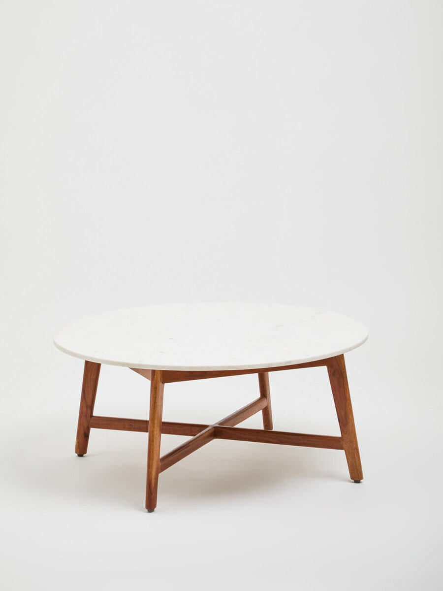 Myan Natural Acacia Wood and White Marble Round Coffee Table 5 - Online Bedrooms