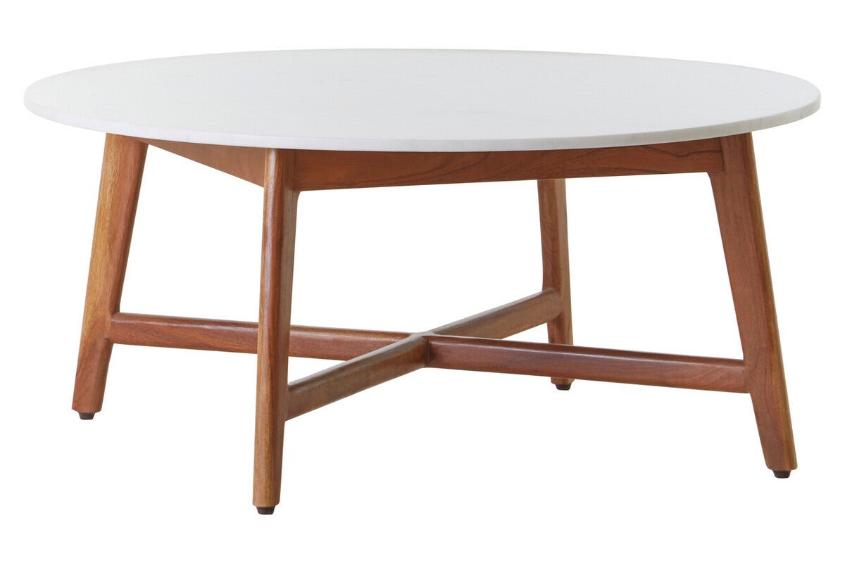 Myan Natural Acacia Wood and White Marble Round Coffee Table 2 - Online Bedrooms