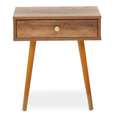 Natural Brown Wood Effect Bedside Table with 1 Drawer and Angular Legs, Frida 2 - Online Bedrooms