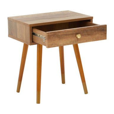Natural Brown Wood Effect Bedside Table with 1 Drawer and Angular Legs, Frida 9 - Online Bedrooms