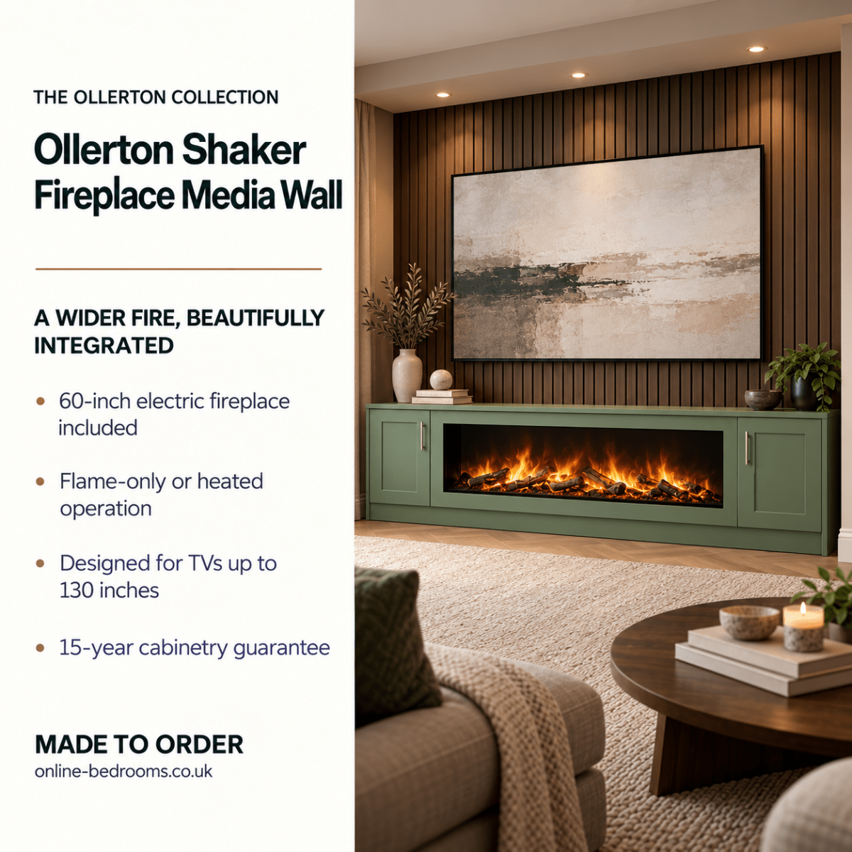 Ollerton Shaker Fireplace Media Wall Unit - Large 60" Fire 2 - Online Bedrooms