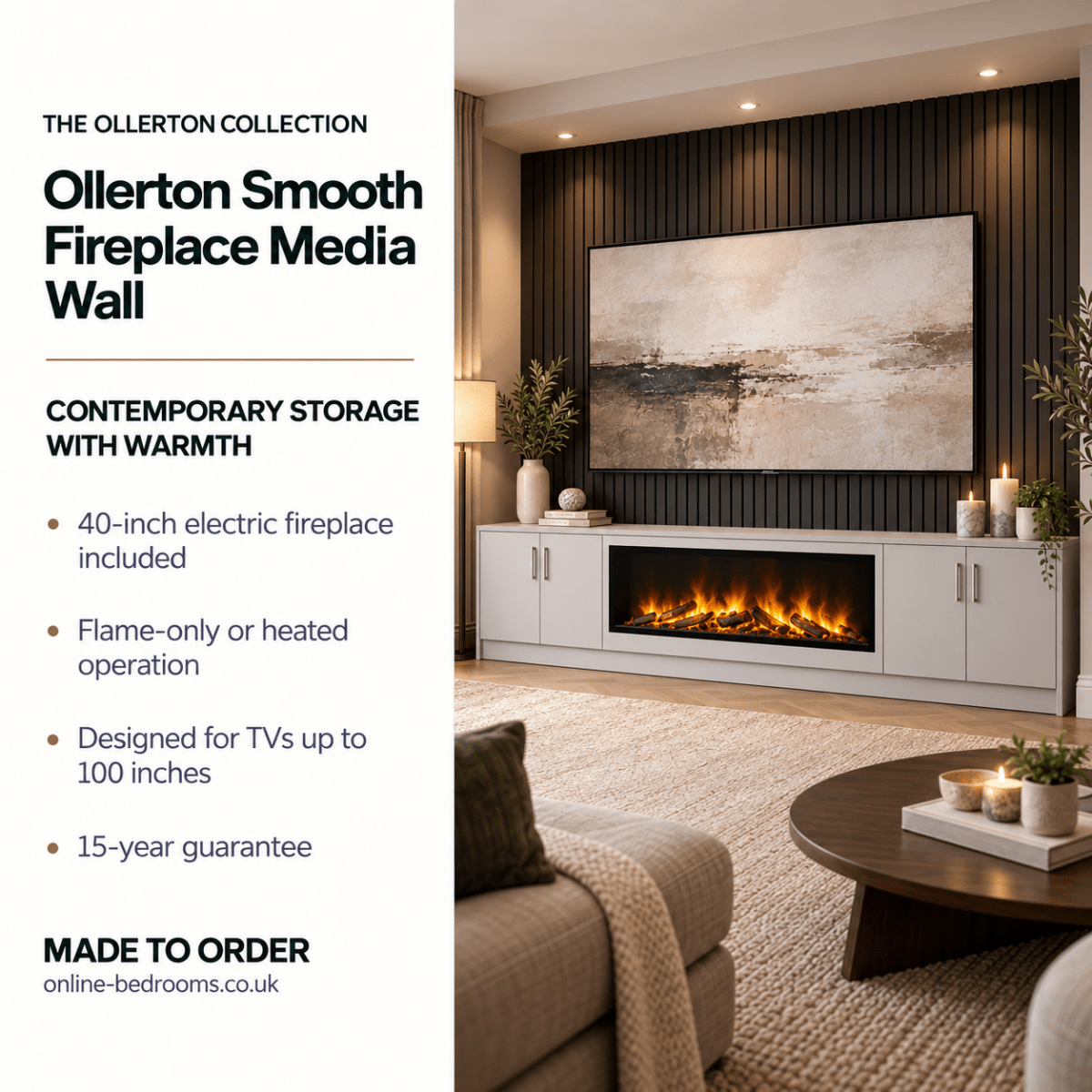 Ollerton Smooth Fireplace Media Wall Unit - 40" Fire 2 - Online Bedrooms