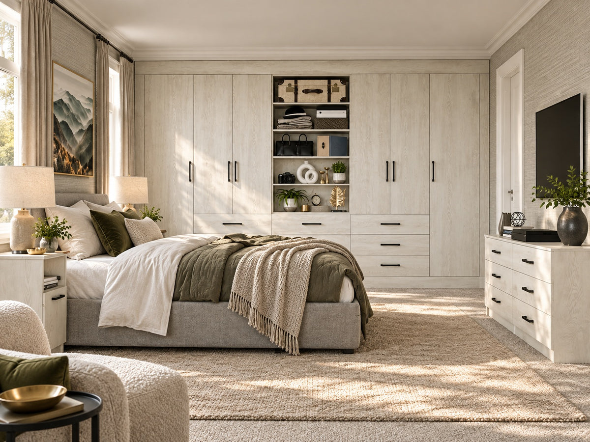 White pine fitted bedroom wardrobes with open shelving