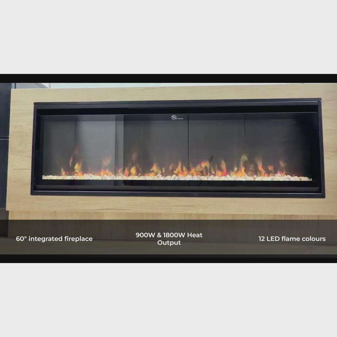 Large 60" Fireplace Media Wall Entertainment with Shaker Door Base & Double Shelving Unit - For Up to 120" TVs