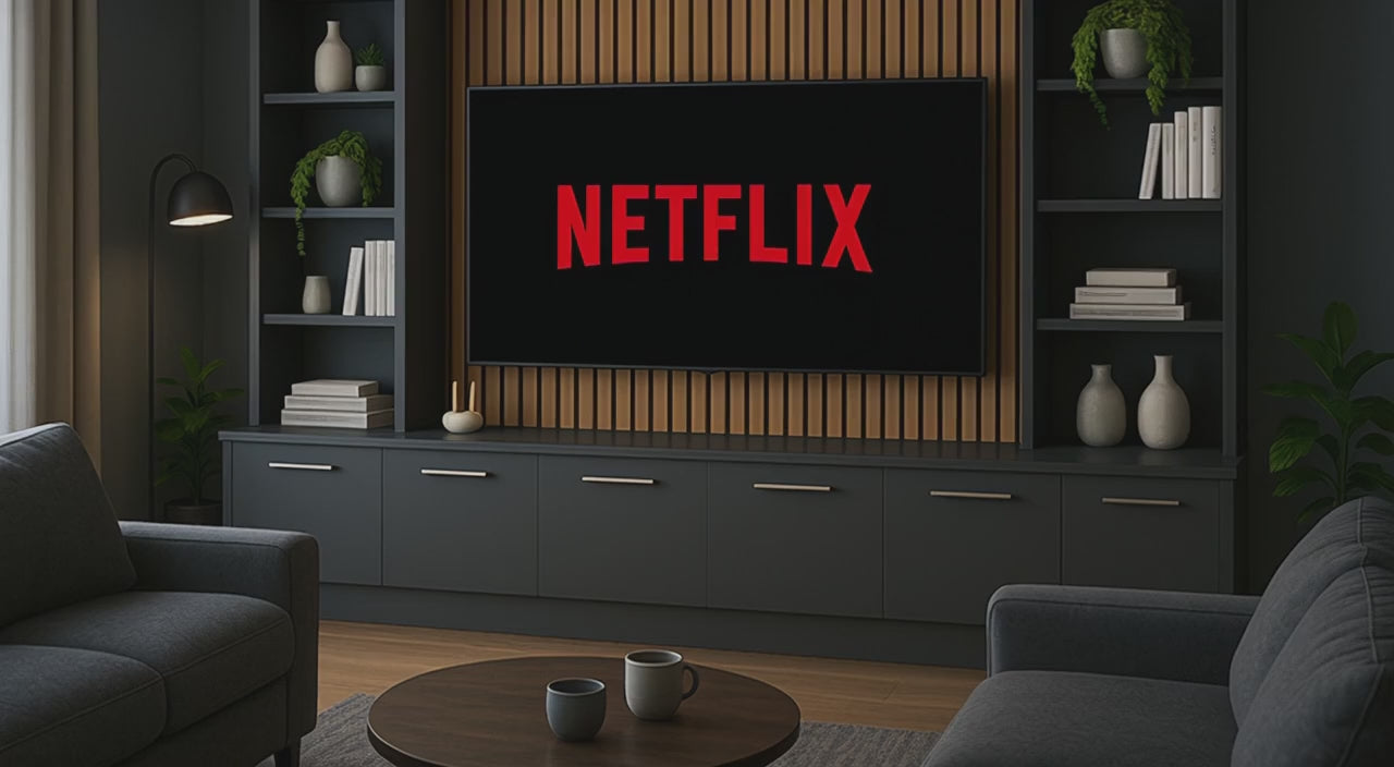 Load video: Media Wall Entertainment Base &amp; Double Shelving Unit - For Up to 100&quot; TVs