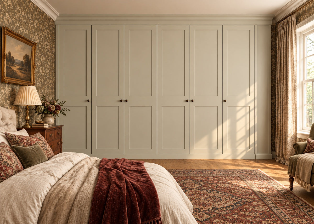 Landscape view of matt Mussel Shaker fitted wardrobes in a vintage luxury bedroom with antique furniture and layered textiles