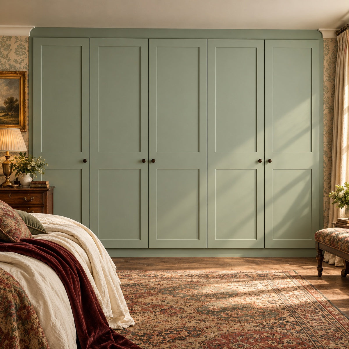 Sage matt two-panel Shaker fitted wardrobes in a vintage luxury English bedroom with antique furniture and layered textiles