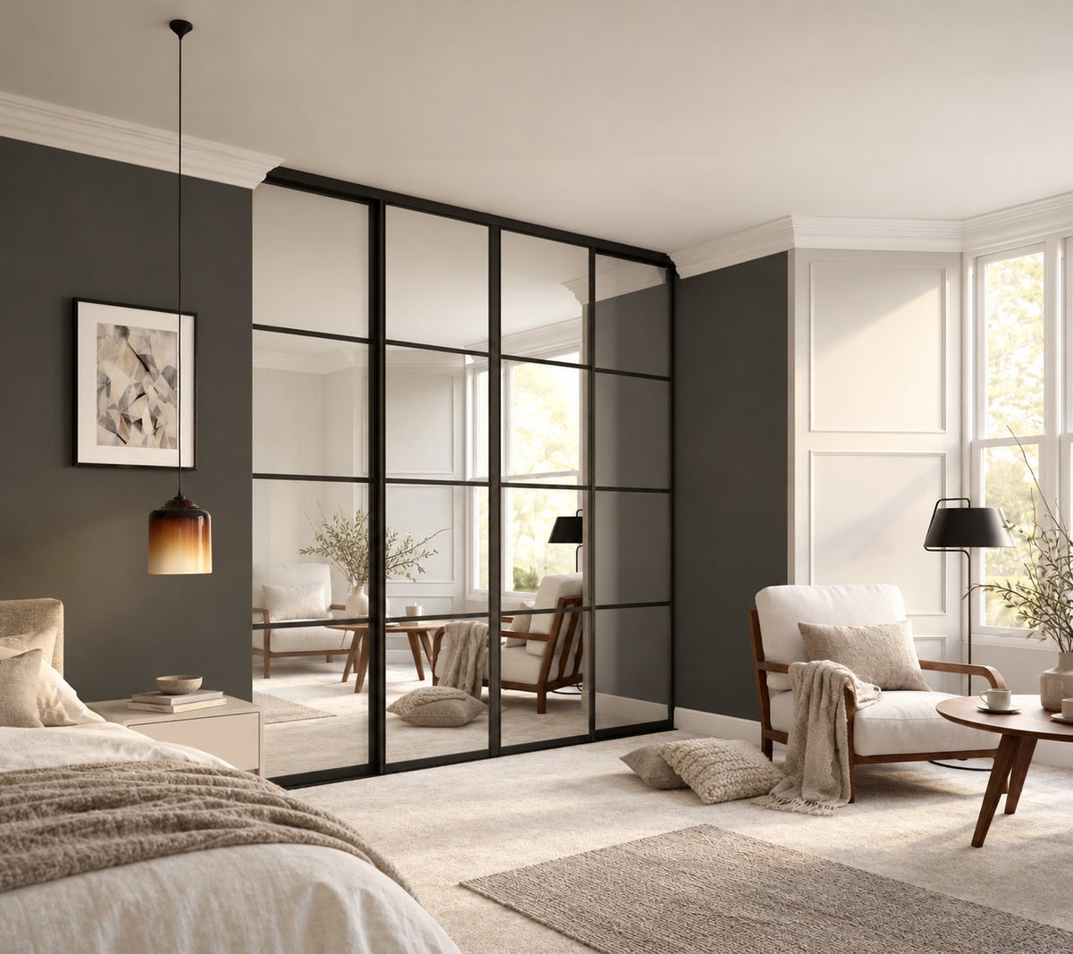 Luxury bedroom with four-panel mirrored sliding wardrobes
