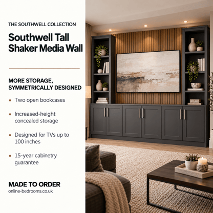 Southwell Tall Shaker Media Wall Double Bookcase Unit 2 - Online Bedrooms