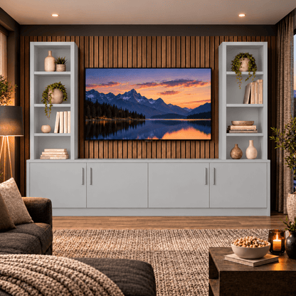 Southwell Tall Smooth Media Wall Double Bookcase Unit 12 - Online Bedrooms