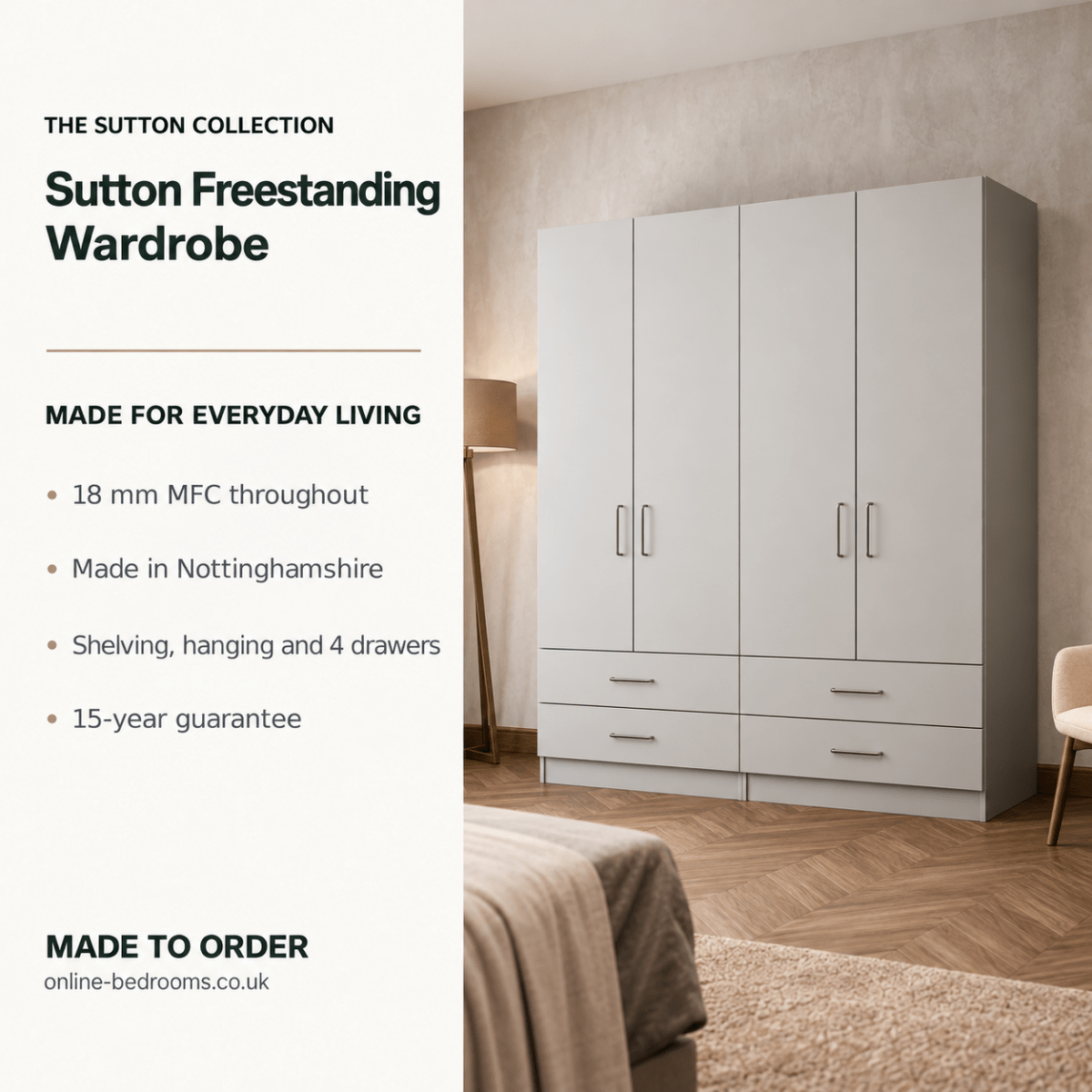 Sutton Freestanding Wardrobe - W: 2000mm x H: 2100mm x D: 600mm 2 - Online Bedrooms
