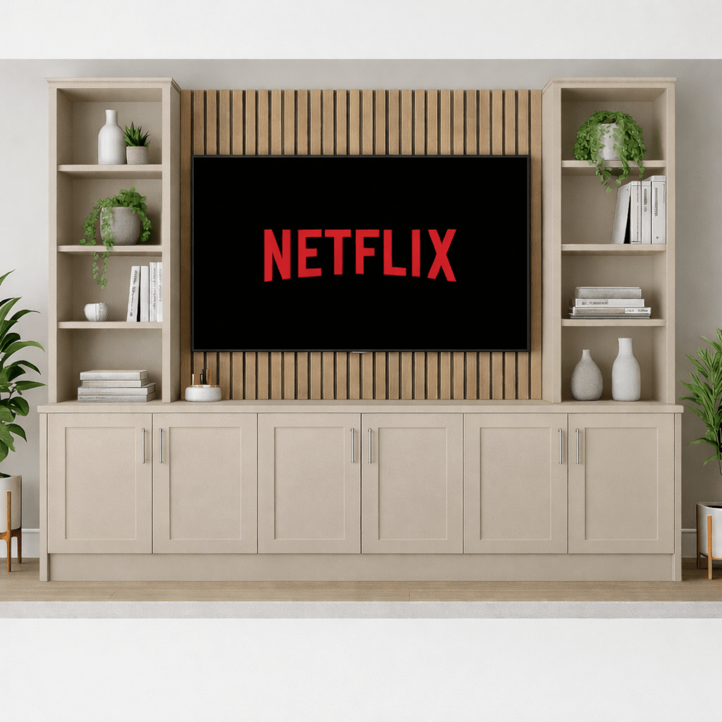 Tall Media Wall Entertainment Shaker Door Base & Double Shelving Unit - For Up to 100" TVs 8 - Online Bedrooms