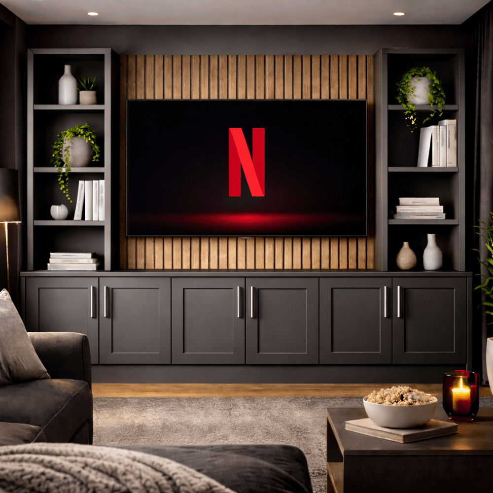 Bespoke Shaker style media wall entertainment unit with double shelving