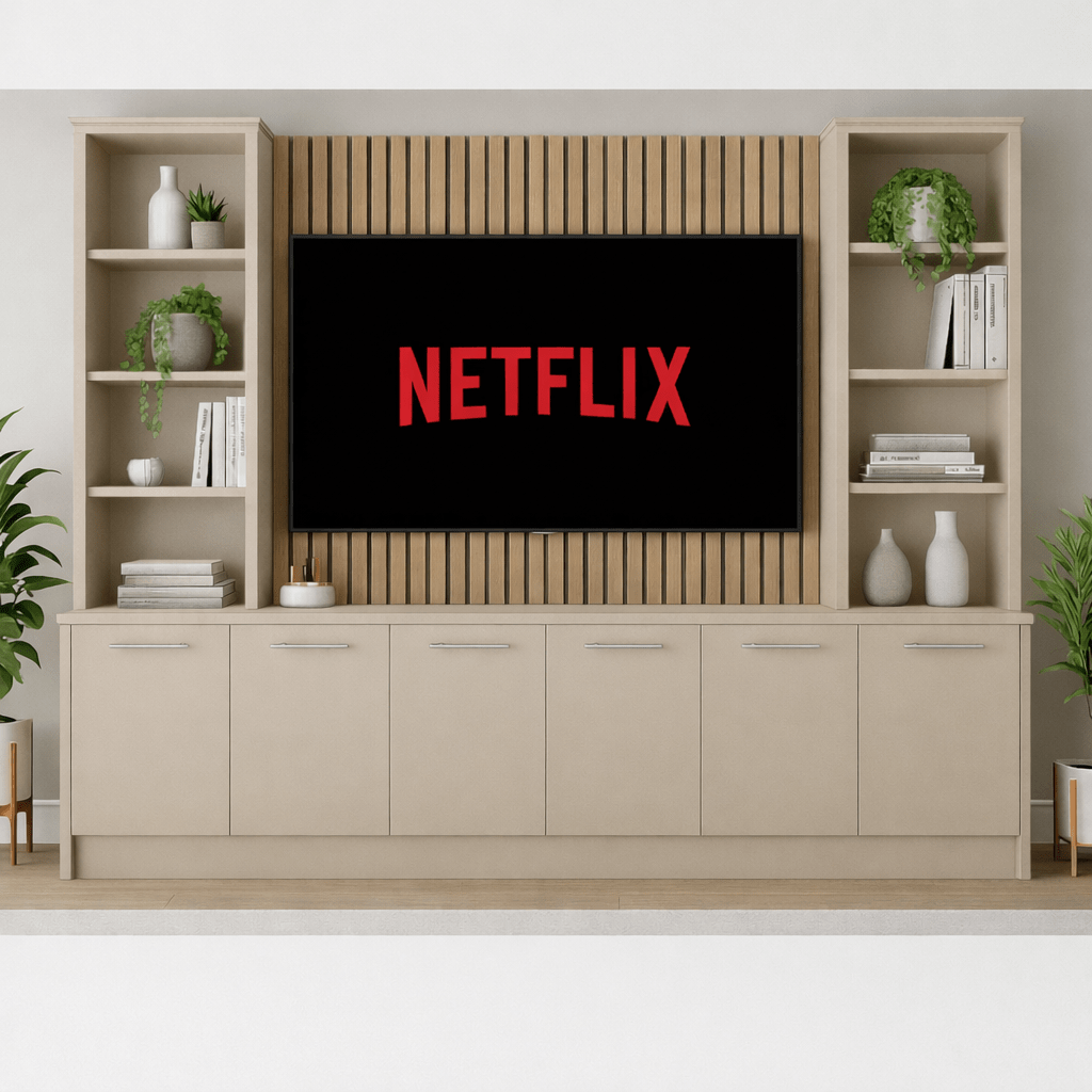 Tall Media Wall Entertainment Smooth Base & Double Shelving Unit - For Up to 100" TVs 9 - Online Bedrooms