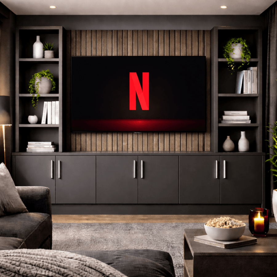 Tall Media Wall Entertainment Smooth Door Base & Double Shelving Unit - For Up to 100" TVs 1 - Online Bedrooms