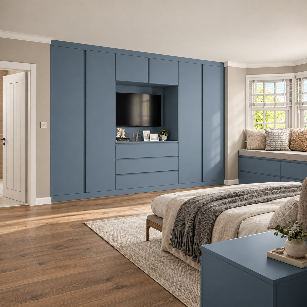 Matt Harbour Blue handleless fitted wardrobe with central TV space and drawer storage in a luxury UK bedroom