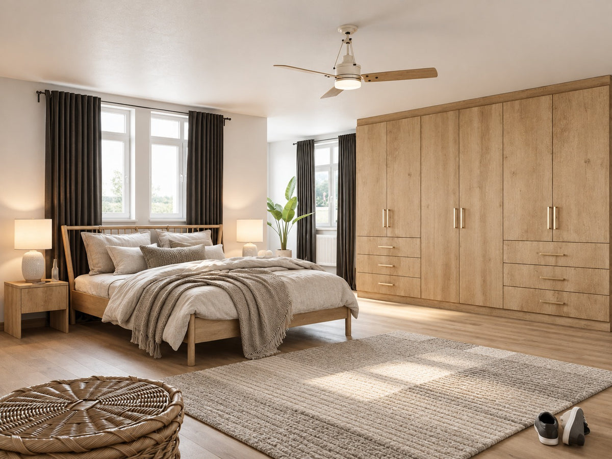Natural Nebraska Oak fitted wardrobe with smooth doors, brass handles and drawer storage in a premium bedroom