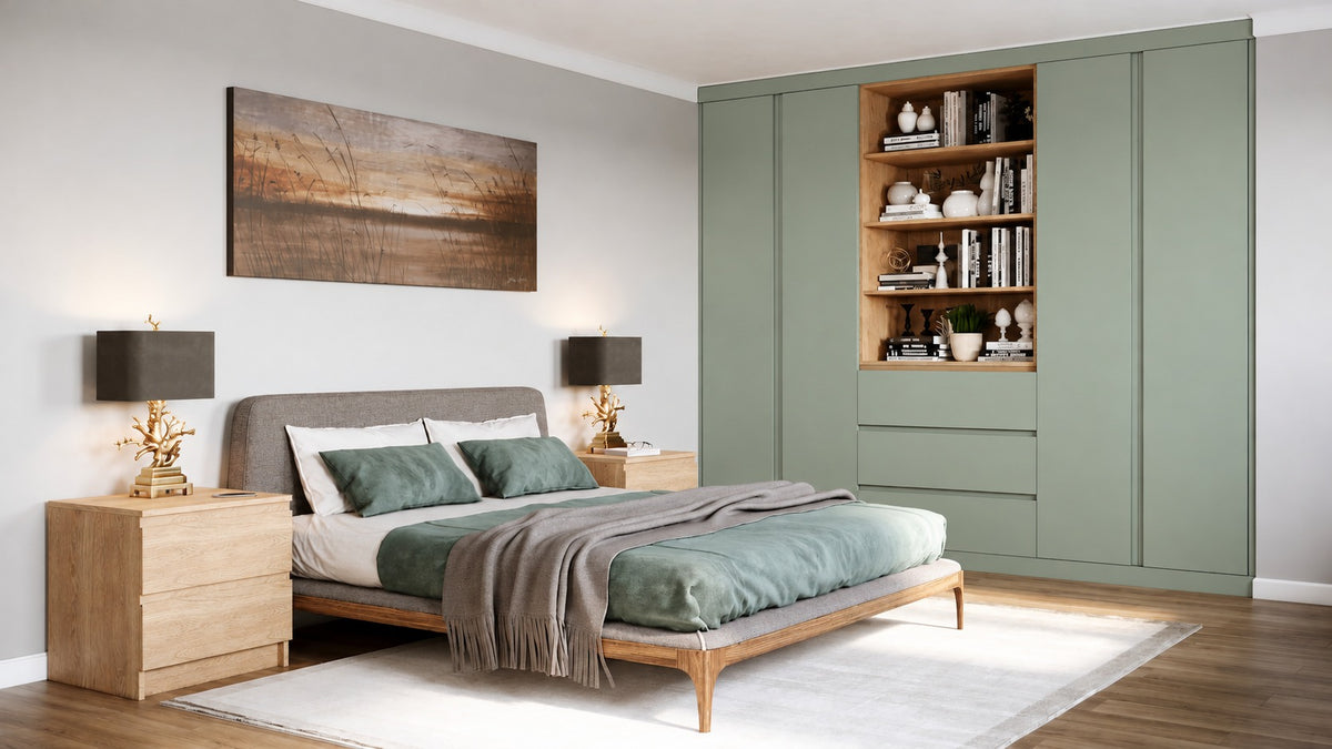 Matt Sage Green handleless fitted wardrobe with natural oak open shelving in a luxury bedroom