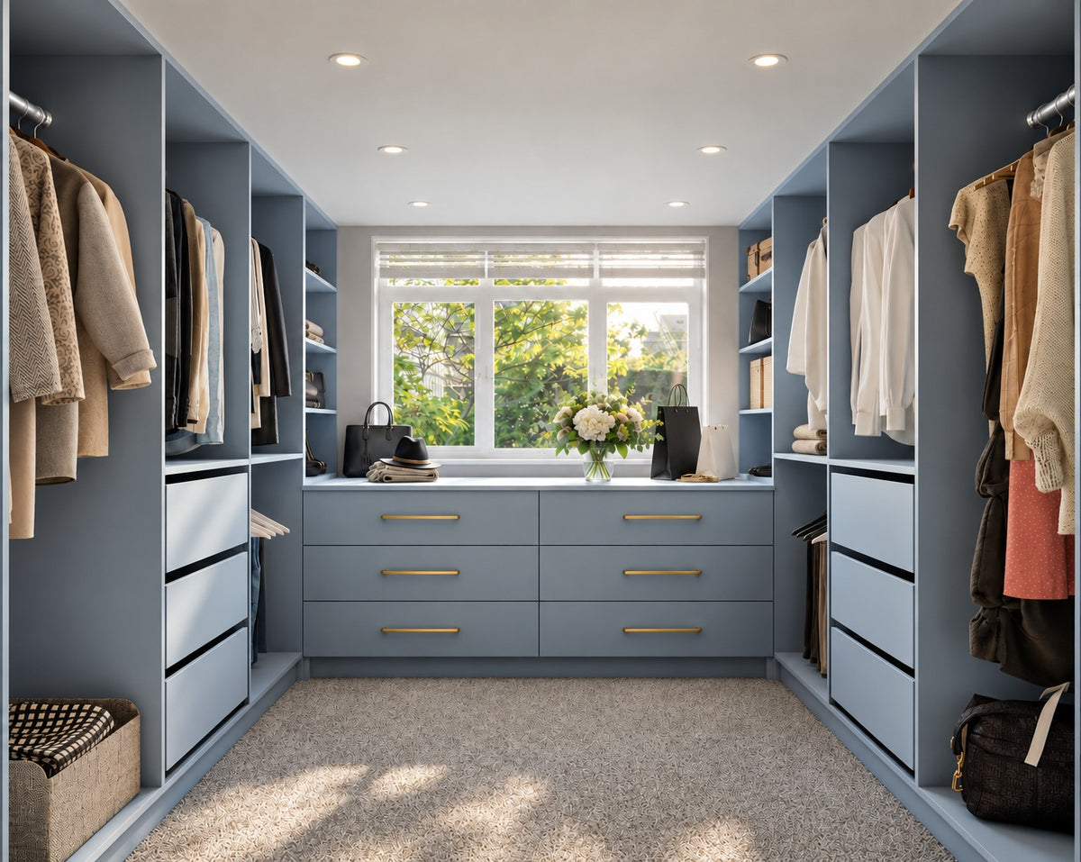Matt denim blue walk-in wardrobe with brass drawer handles and silver hanging rails