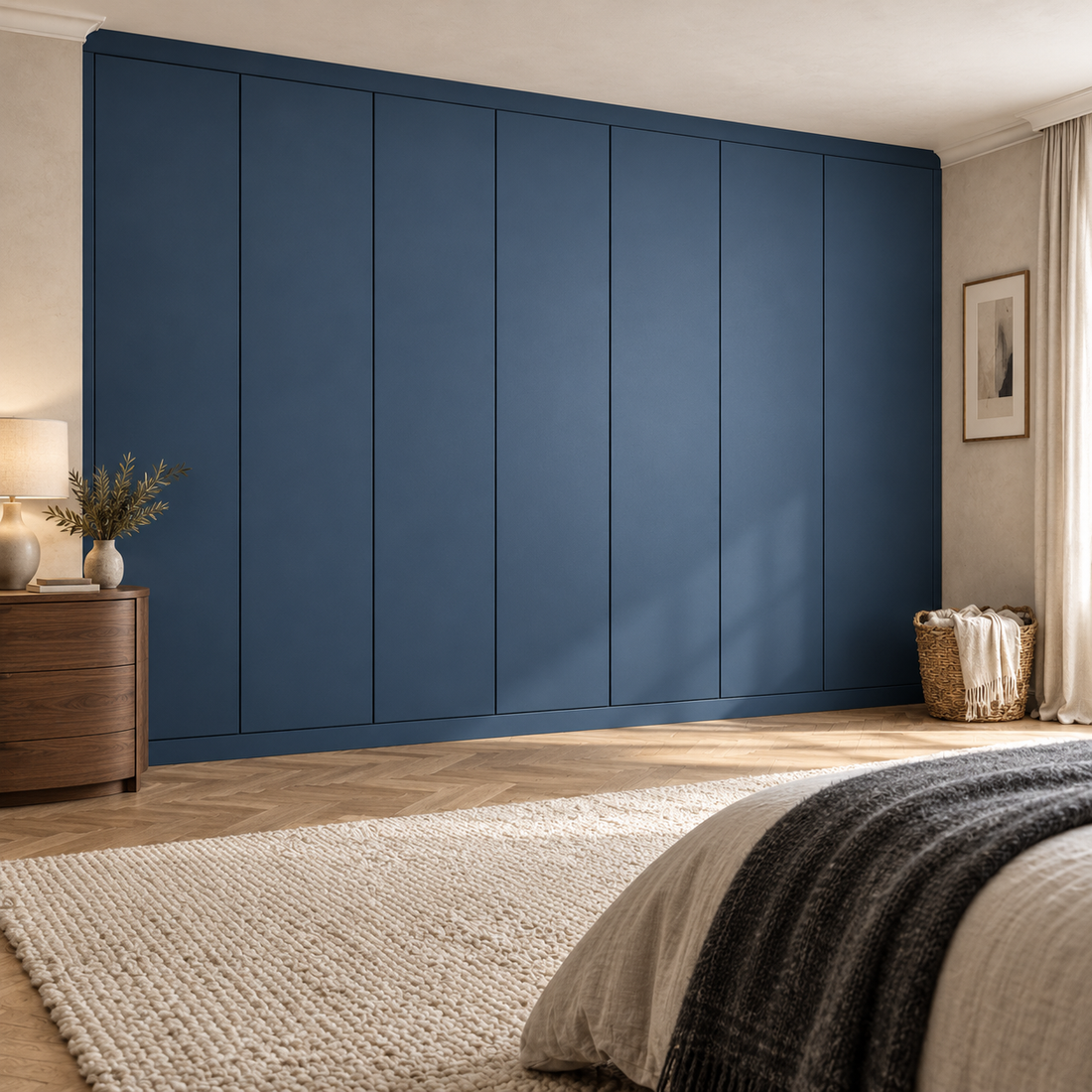 Blue handleless wall-to-wall wardrobes in a luxury bedroom with a walnut bedside cabinet, oak parquet and cream curtains