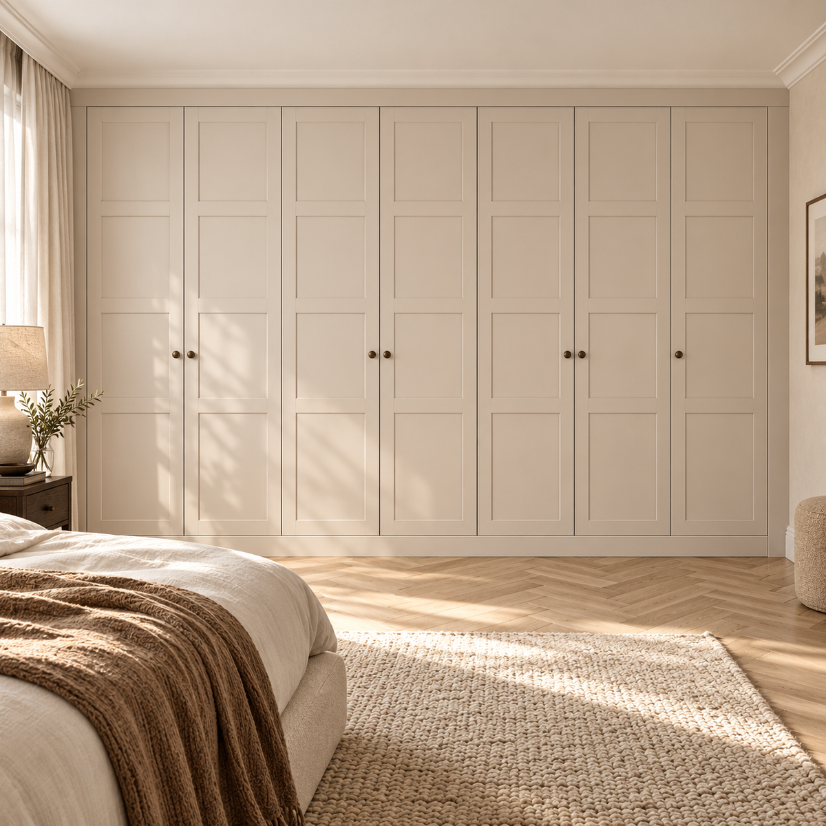 Cashmere Shaker wall-to-wall wardrobes in a luxury bedroom with linen curtains, oak parquet and textured bedding