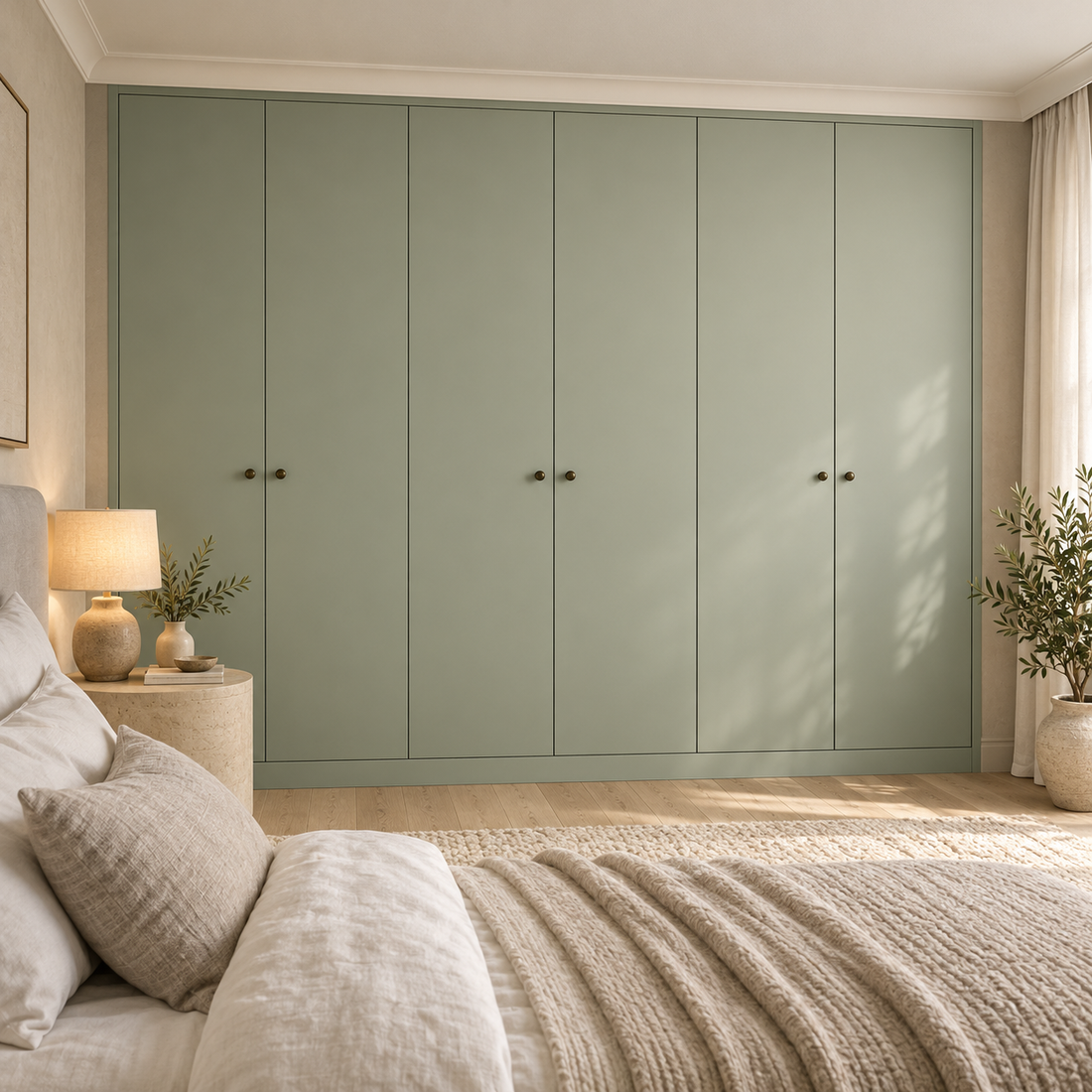 Soft green modern slab wardrobes in a luxury bedroom with a stone bedside table, warm lighting and linen bedding