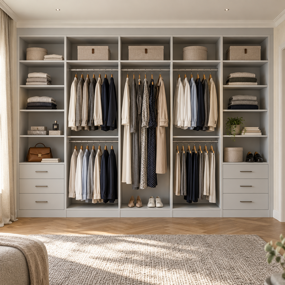 Light Grey wardrobe interiors across one straight wall with hanging rails, folded clothing, shelves and drawer stacks