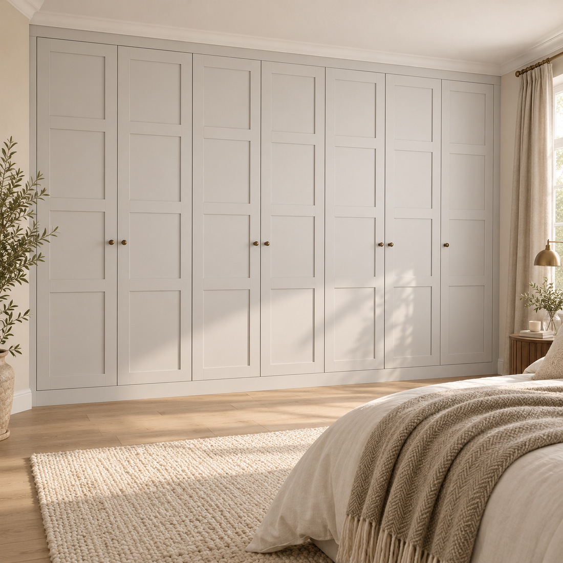 Light Grey Shaker fitted wardrobes spanning a bedroom wall with linen curtains, bronze knobs and layered neutral bedding