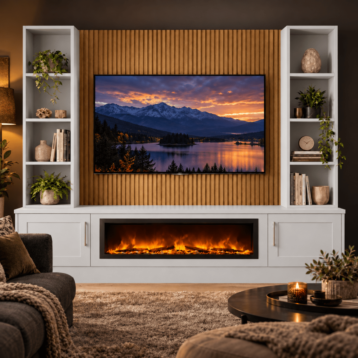 Wollaton Shaker Fireplace Media Wall Double Bookcase Unit - 40" Fire 4 - Online Bedrooms