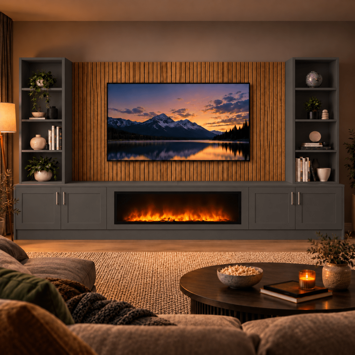 Wollaton Shaker Fireplace Media Wall Double Bookcase Unit - 40" Fire 9 - Online Bedrooms
