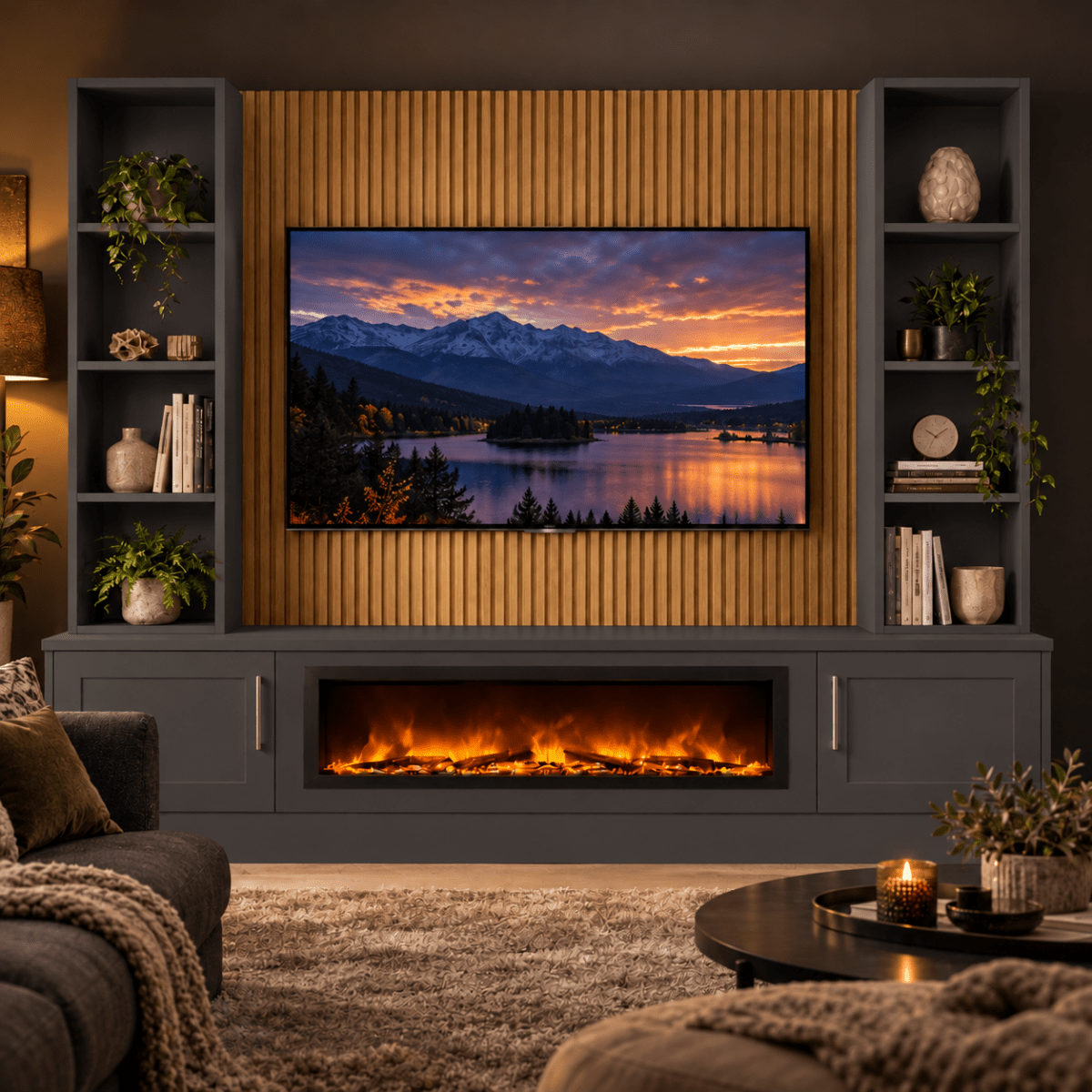 Wollaton Shaker Fireplace Media Wall Double Bookcase Unit - 40" Fire 3 - Online Bedrooms