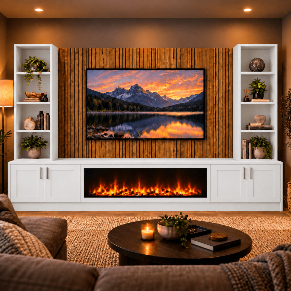 Wollaton Shaker Fireplace Media Wall Double Bookcase Unit - Large 60" Fire 11 - Online Bedrooms