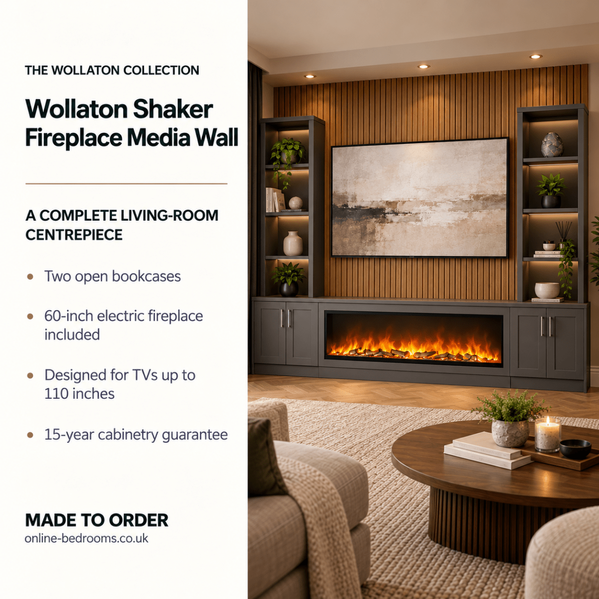 Wollaton Shaker Fireplace Media Wall Double Bookcase Unit - Large 60" Fire 2 - Online Bedrooms