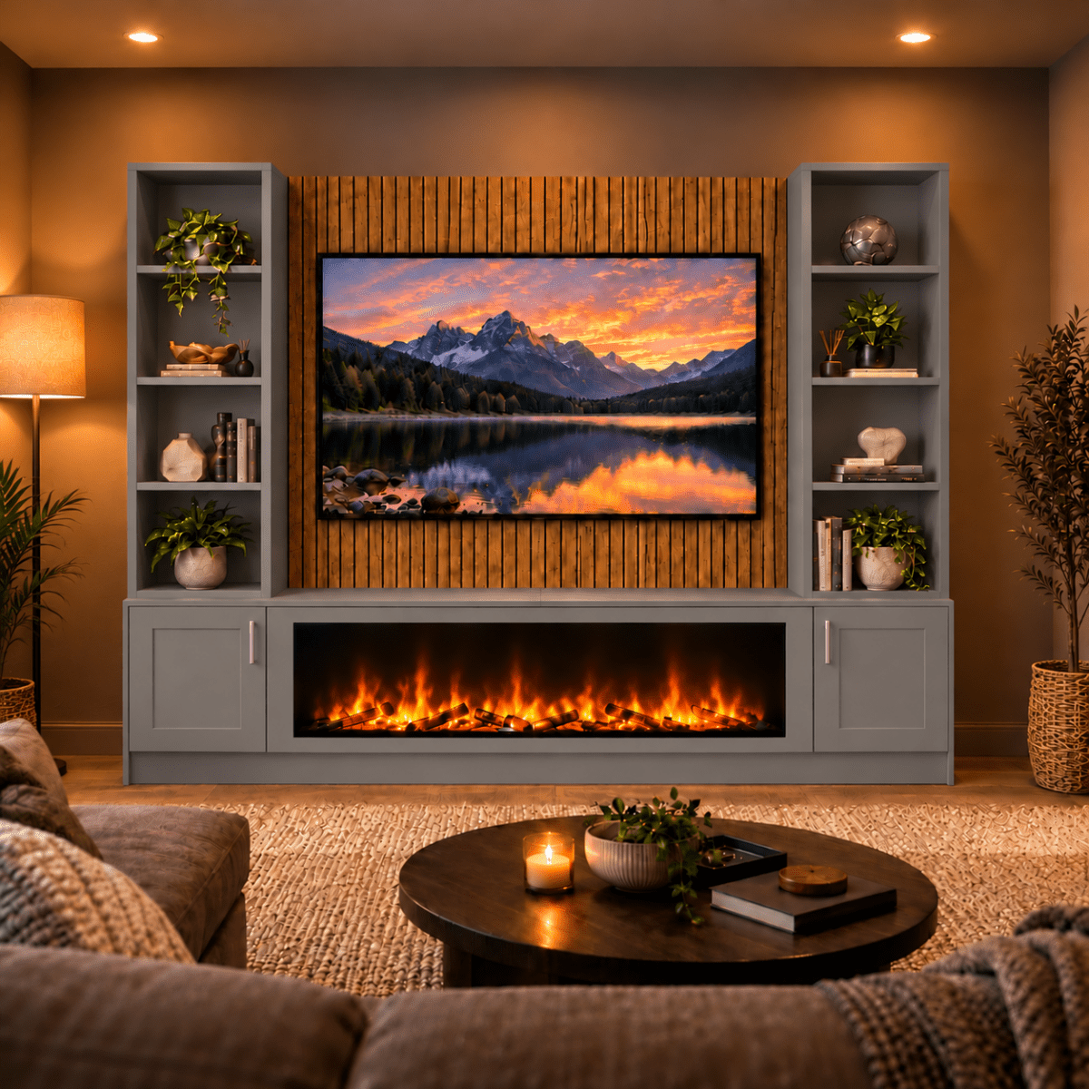 Wollaton Shaker Fireplace Media Wall Double Bookcase Unit - Large 60" Fire 1 - Online Bedrooms