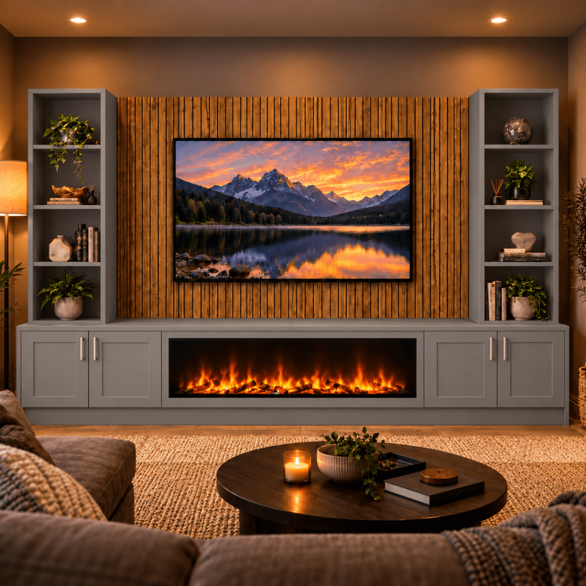 Wollaton Shaker Fireplace Media Wall Double Bookcase Unit - Large 60" Fire 7 - Online Bedrooms