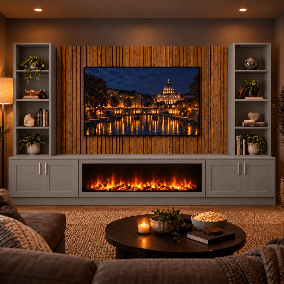 Wollaton Shaker Fireplace Media Wall Double Bookcase Unit - Large 60" Fire 19 - Online Bedrooms