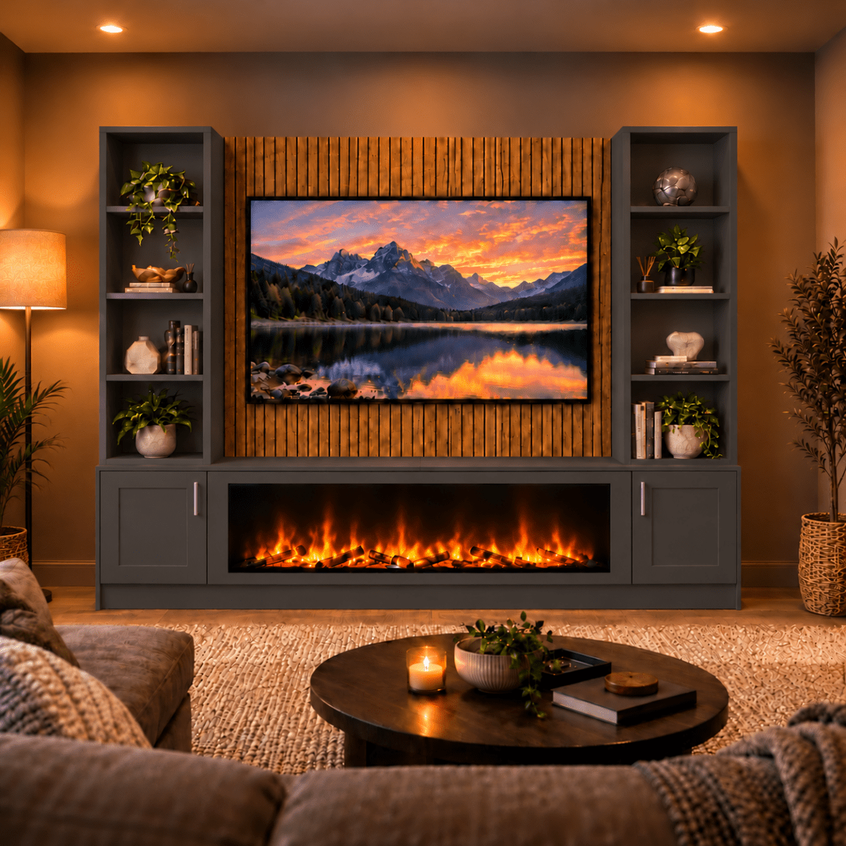 Wollaton Shaker Fireplace Media Wall Double Bookcase Unit - Large 60" Fire 3 - Online Bedrooms