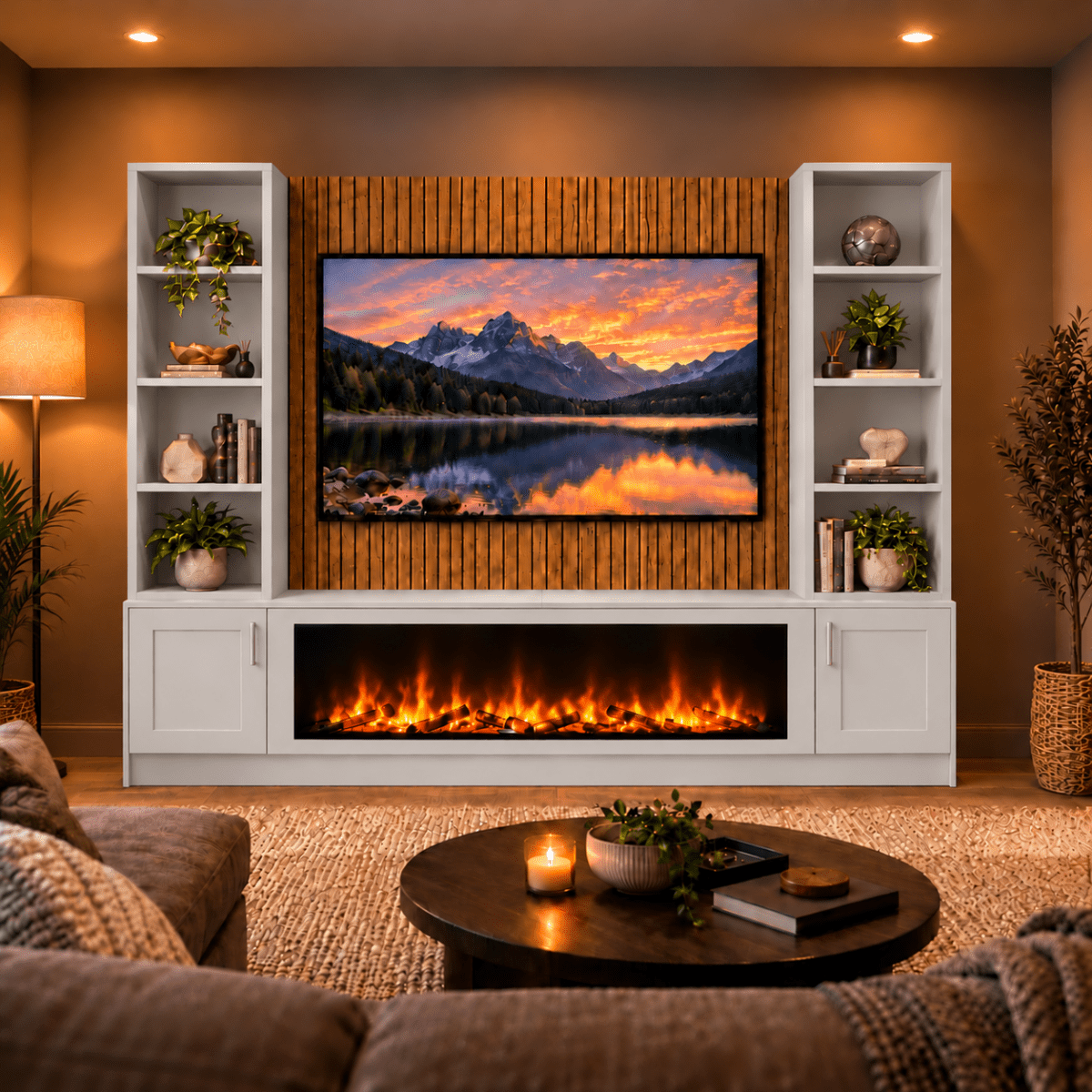 Wollaton Shaker Fireplace Media Wall Double Bookcase Unit - Large 60" Fire 4 - Online Bedrooms