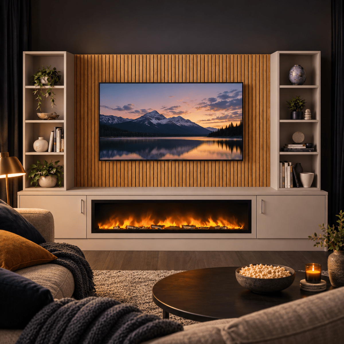 Wollaton Smooth Fireplace Media Wall Double Bookcase Unit - 40" Fire 1 - Online Bedrooms