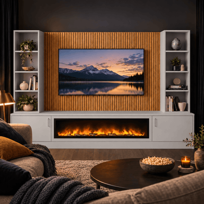 Wollaton Smooth Fireplace Media Wall Double Bookcase Unit - 40" Fire 3 - Online Bedrooms