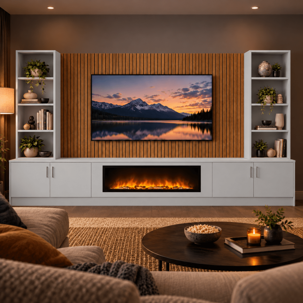 Wollaton Smooth Fireplace Media Wall Double Bookcase Unit - 40" Fire 17 - Online Bedrooms